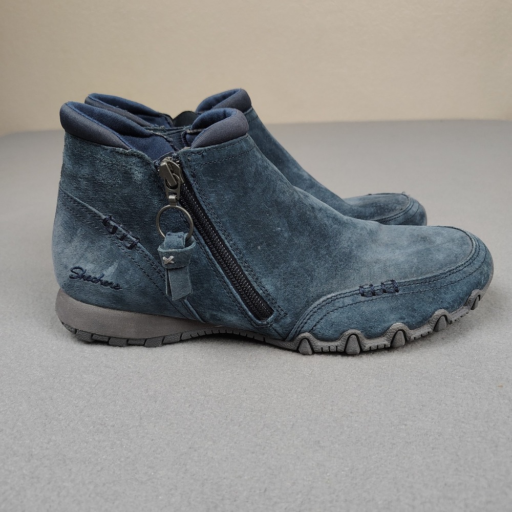 Skechers Biker Zip Ankle Boot Women 8.5 Navy Blue Suede Leather Walking UK 5.5